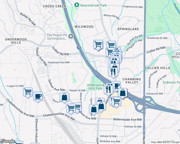map of restaurants, bars, coffee shops, grocery stores, and more near 1911 Woodland Hills Avenue Northwest in Atlanta