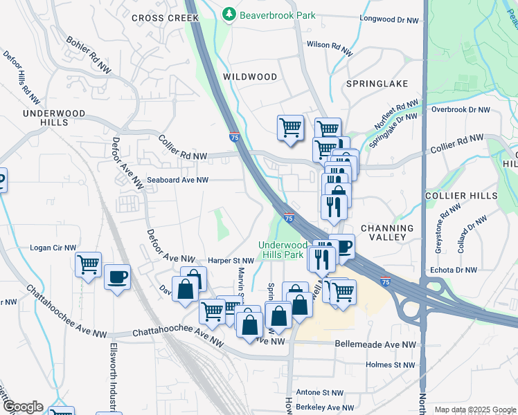 map of restaurants, bars, coffee shops, grocery stores, and more near 1904 Woodland Hills Avenue Northwest in Atlanta