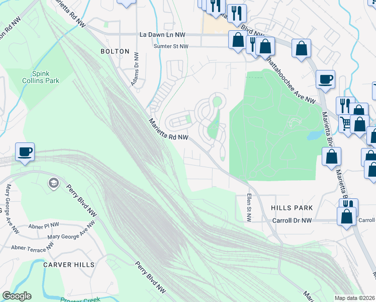 map of restaurants, bars, coffee shops, grocery stores, and more near 1921 Ford Street Northwest in Atlanta
