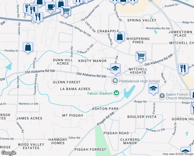 map of restaurants, bars, coffee shops, grocery stores, and more near 1059 Old Alabama Road Southwest in Mableton