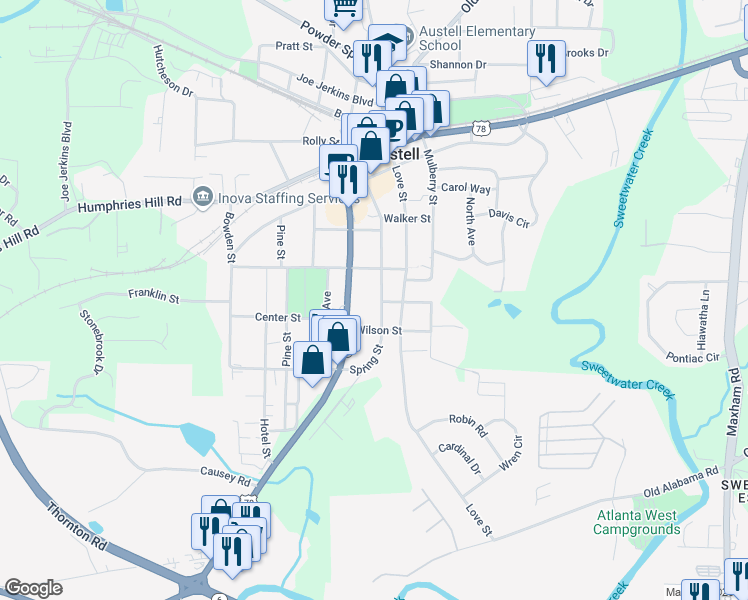 map of restaurants, bars, coffee shops, grocery stores, and more near 2924 Bankhead Highway in Austell