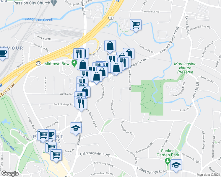 map of restaurants, bars, coffee shops, grocery stores, and more near 1930 Wildwood Place Northeast in Atlanta