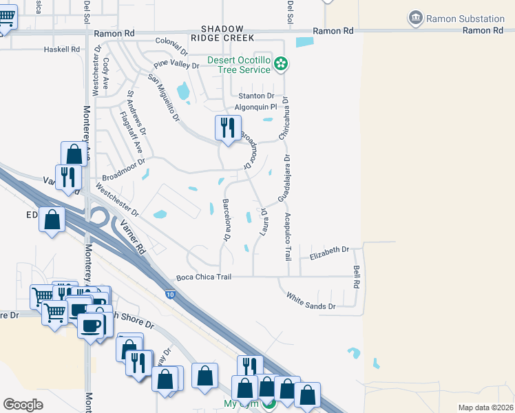 map of restaurants, bars, coffee shops, grocery stores, and more near 33231 Laura Drive in Thousand Palms