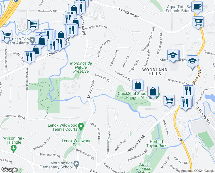map of restaurants, bars, coffee shops, grocery stores, and more near 1250 Lenox Circle Northeast in Atlanta