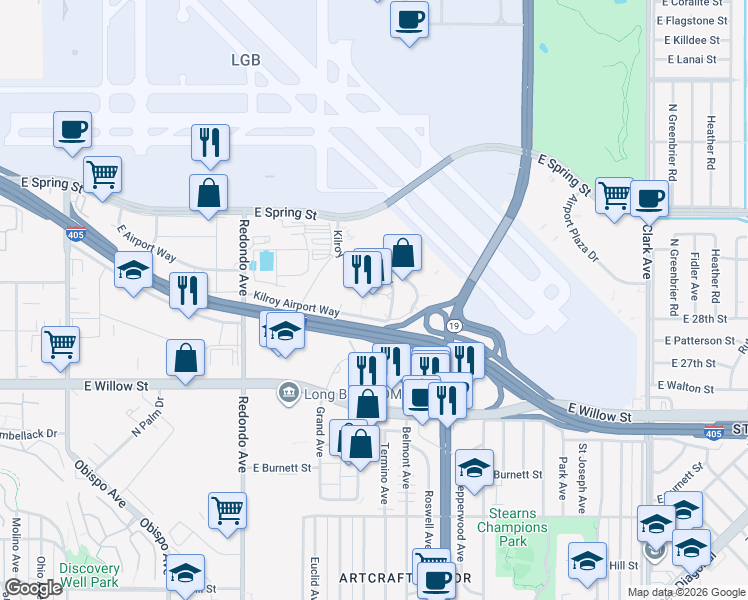 map of restaurants, bars, coffee shops, grocery stores, and more near 3780 Kilroy Airport Way in Long Beach