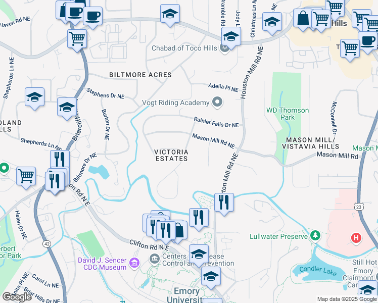 map of restaurants, bars, coffee shops, grocery stores, and more near 993 Castle Falls Drive Northeast in Atlanta