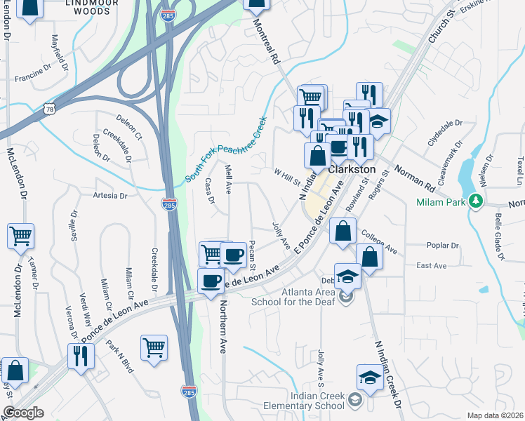map of restaurants, bars, coffee shops, grocery stores, and more near 1096 Jolly Avenue in Clarkston