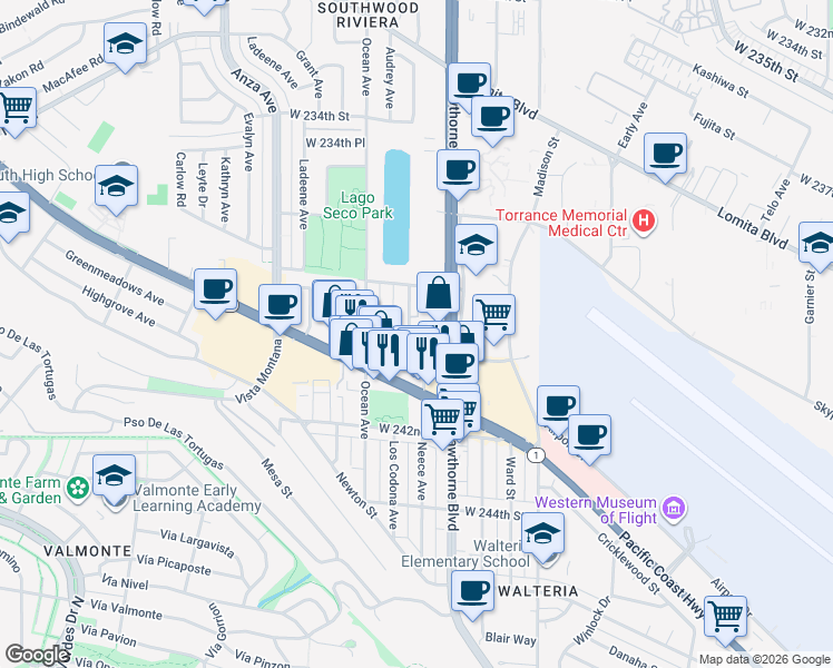 map of restaurants, bars, coffee shops, grocery stores, and more near 23930 Los Codona Avenue in Torrance