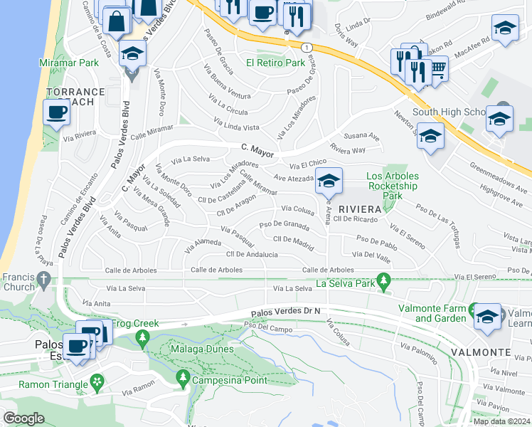 map of restaurants, bars, coffee shops, grocery stores, and more near 204 Vía Colusa in Redondo Beach