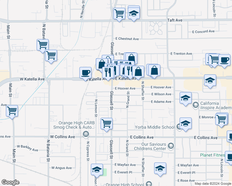 map of restaurants, bars, coffee shops, grocery stores, and more near 123 East Wilson Avenue in Orange