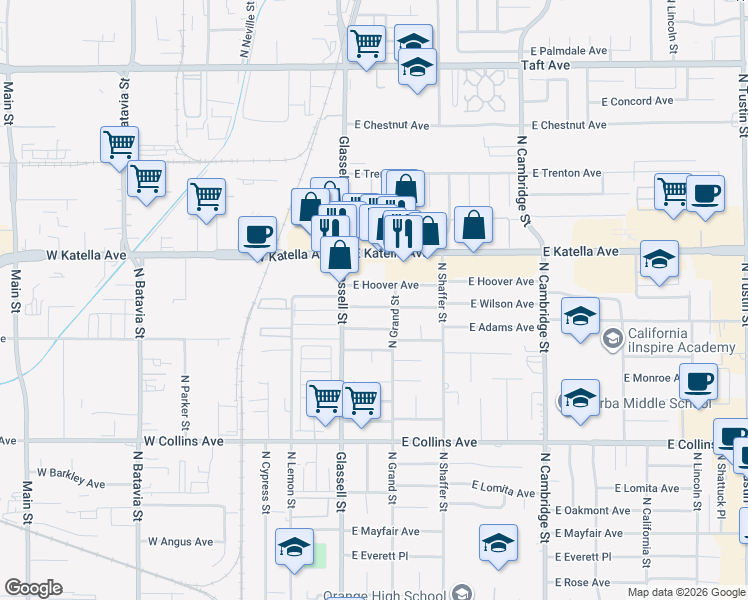 map of restaurants, bars, coffee shops, grocery stores, and more near 144 East Wilson Avenue in Orange