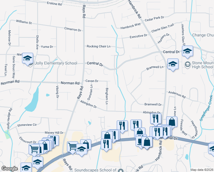 map of restaurants, bars, coffee shops, grocery stores, and more near 938 Bingham Lane in Stone Mountain