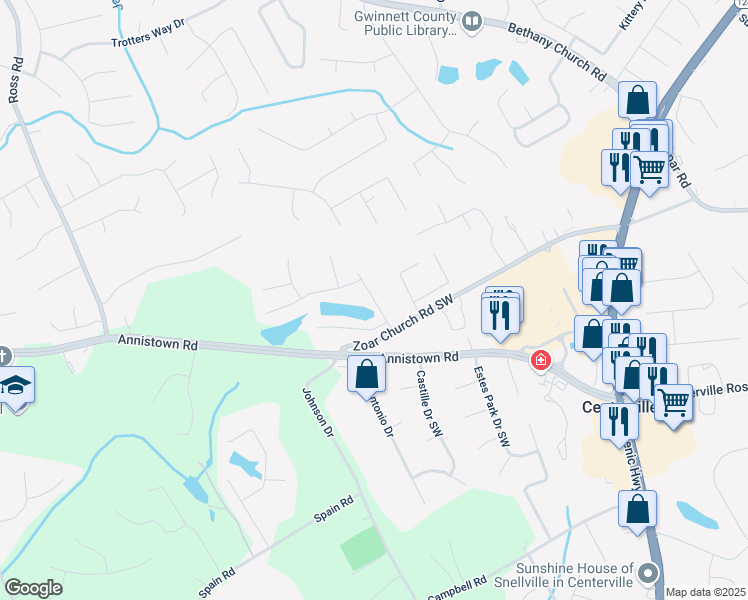 map of restaurants, bars, coffee shops, grocery stores, and more near Zoar Church Lane in Gwinnett County