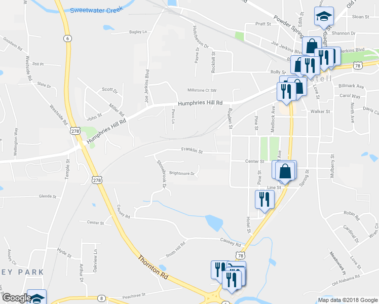 map of restaurants, bars, coffee shops, grocery stores, and more near 3115 Franklin Street in Austell