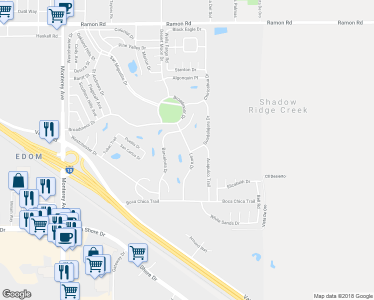 map of restaurants, bars, coffee shops, grocery stores, and more near 33231 Laura Drive in Thousand Palms