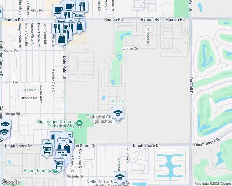 map of restaurants, bars, coffee shops, grocery stores, and more near Myrtle Dr in Cathedral City