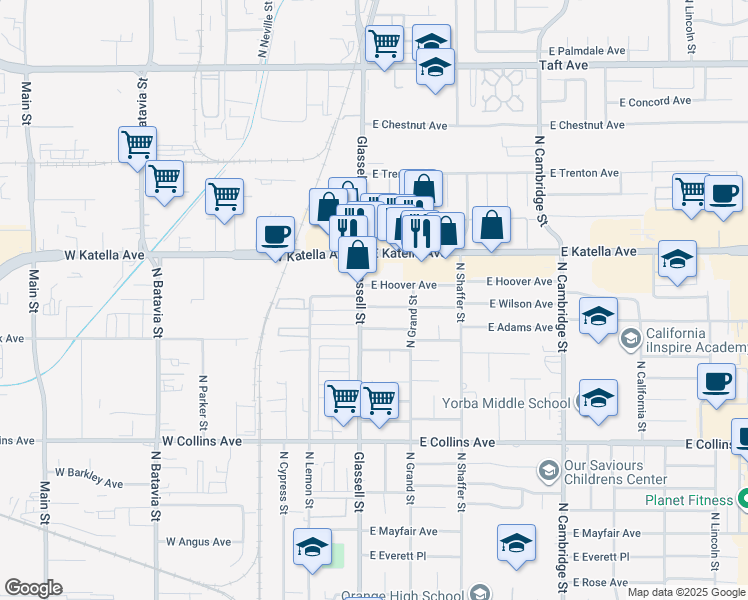 map of restaurants, bars, coffee shops, grocery stores, and more near 123 East Wilson Avenue in Orange