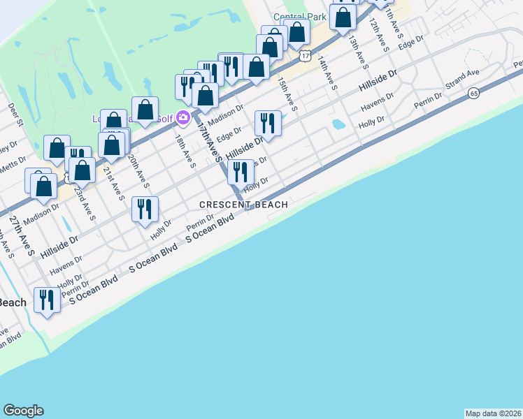 map of restaurants, bars, coffee shops, grocery stores, and more near 1625S South Ocean Boulevard in North Myrtle Beach