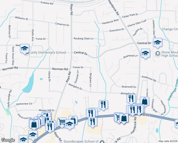 map of restaurants, bars, coffee shops, grocery stores, and more near 988 Bingham Lane in Stone Mountain