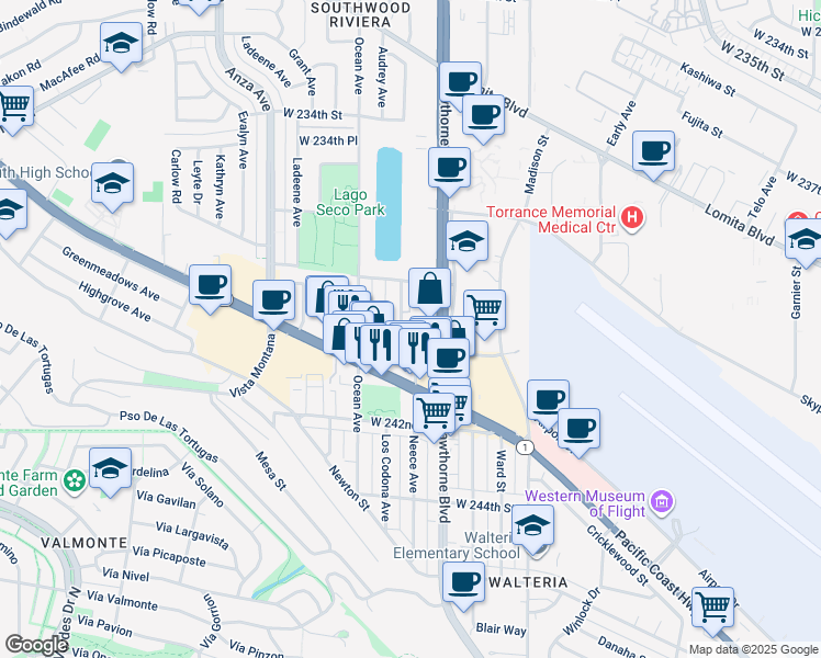 map of restaurants, bars, coffee shops, grocery stores, and more near in Torrance