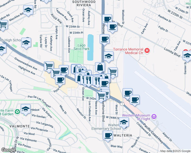 map of restaurants, bars, coffee shops, grocery stores, and more near 23930 Ocean Avenue in Torrance