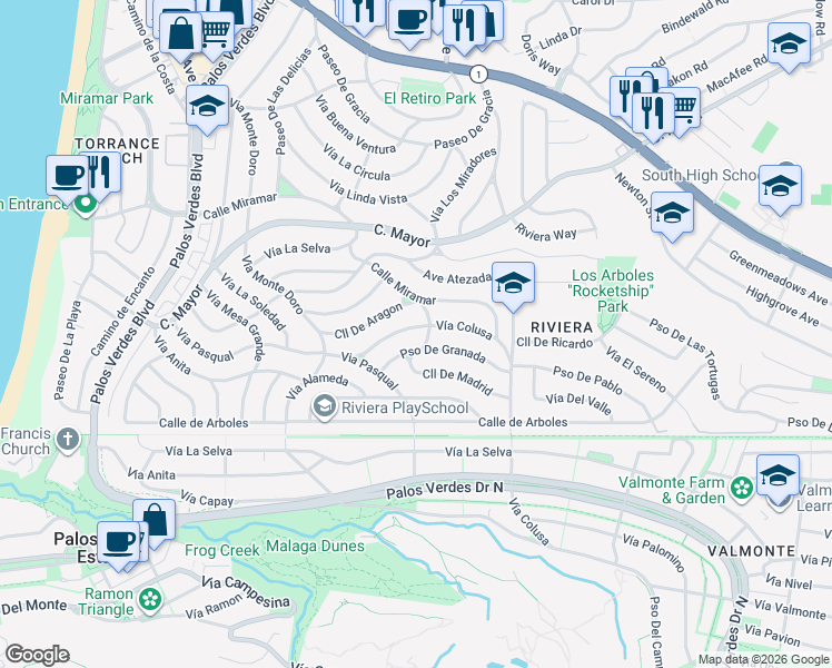 map of restaurants, bars, coffee shops, grocery stores, and more near 206 Vía Colusa in Redondo Beach