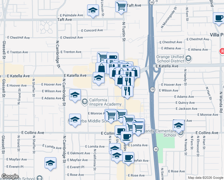 map of restaurants, bars, coffee shops, grocery stores, and more near in Villa Park