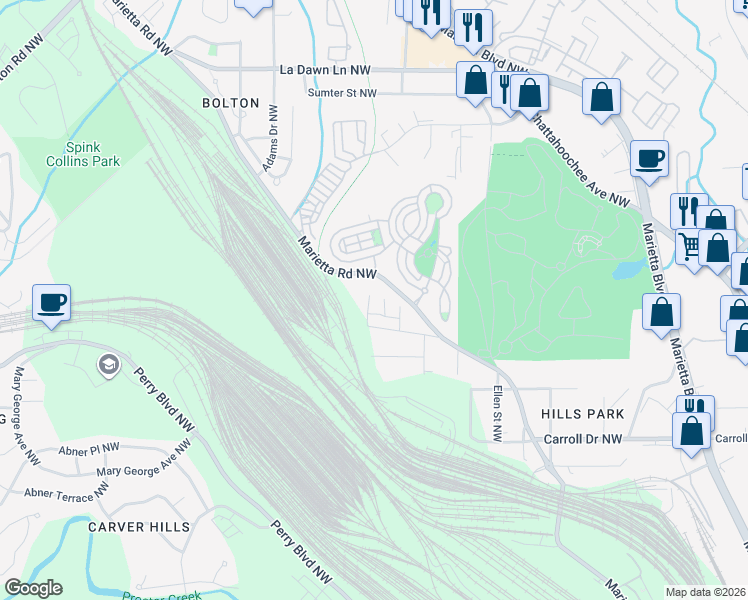 map of restaurants, bars, coffee shops, grocery stores, and more near 1921 Ford Street Northwest in Atlanta