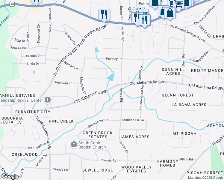 map of restaurants, bars, coffee shops, grocery stores, and more near 1583 Old Alabama Road Southwest in Austell