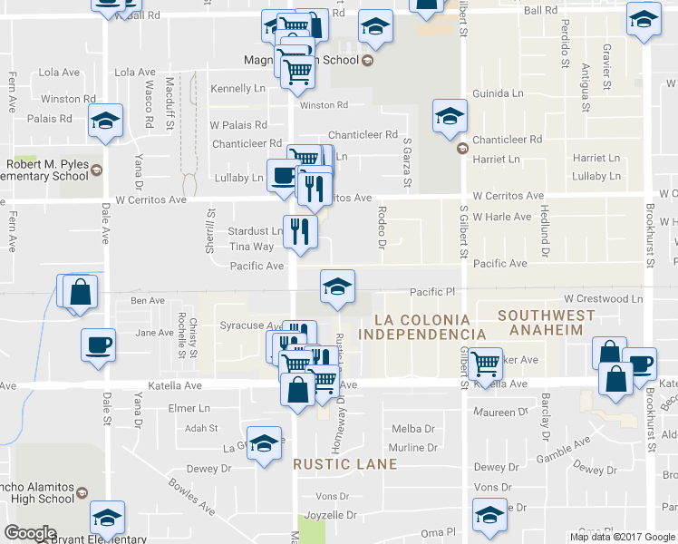 map of restaurants, bars, coffee shops, grocery stores, and more near 9122 Pacific Avenue in Anaheim