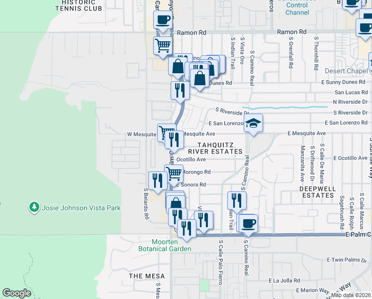 map of restaurants, bars, coffee shops, grocery stores, and more near 157 East Palo Verde Avenue in Palm Springs