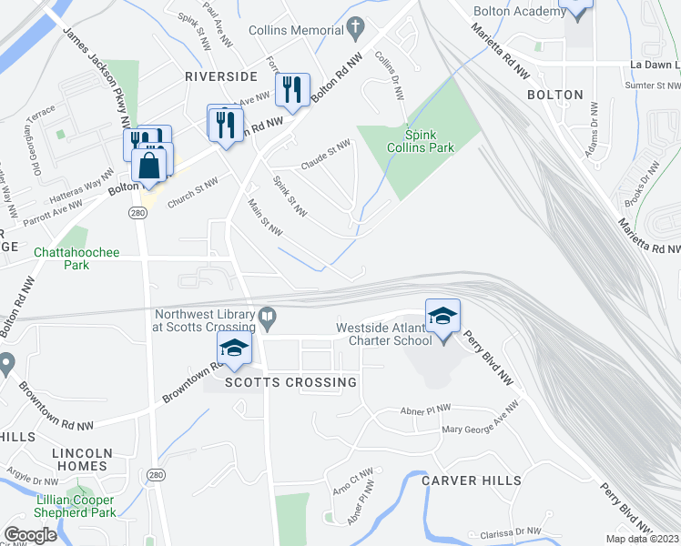map of restaurants, bars, coffee shops, grocery stores, and more near Main St NW & Cook St NW in Atlanta