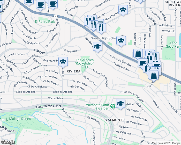 map of restaurants, bars, coffee shops, grocery stores, and more near 5109 Paseo Del Pavon in Torrance
