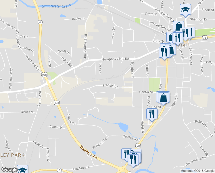 map of restaurants, bars, coffee shops, grocery stores, and more near 3125 Franklin Street in Austell