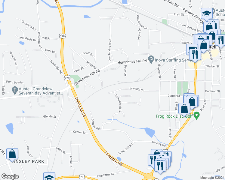 map of restaurants, bars, coffee shops, grocery stores, and more near 3260 Franklin Street in Austell