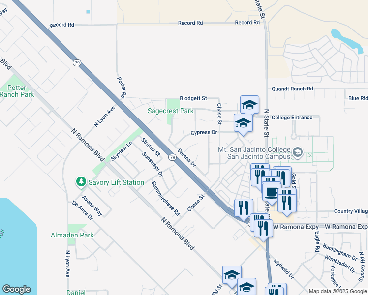 map of restaurants, bars, coffee shops, grocery stores, and more near 1514 Nice Court in San Jacinto