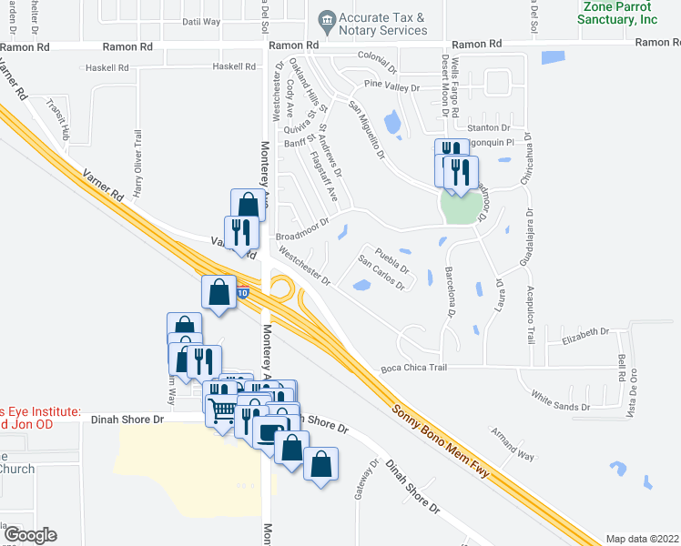 map of restaurants, bars, coffee shops, grocery stores, and more near 33371 Tubac Trail in Thousand Palms
