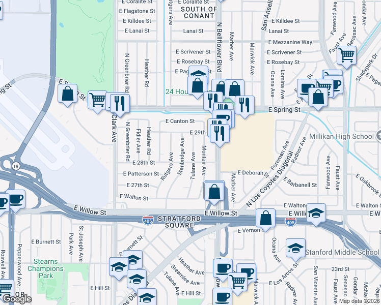 map of restaurants, bars, coffee shops, grocery stores, and more near 2823 Tulane Avenue in Long Beach