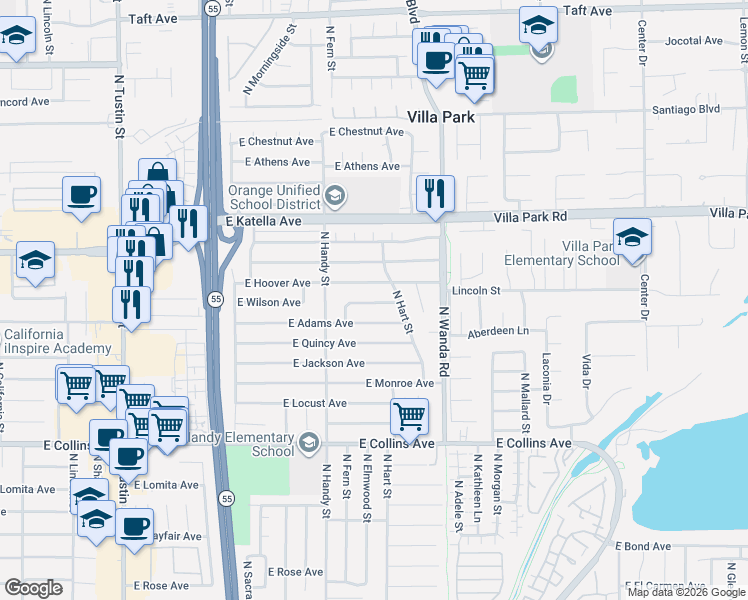 map of restaurants, bars, coffee shops, grocery stores, and more near 2642 East Wilson Avenue in Orange
