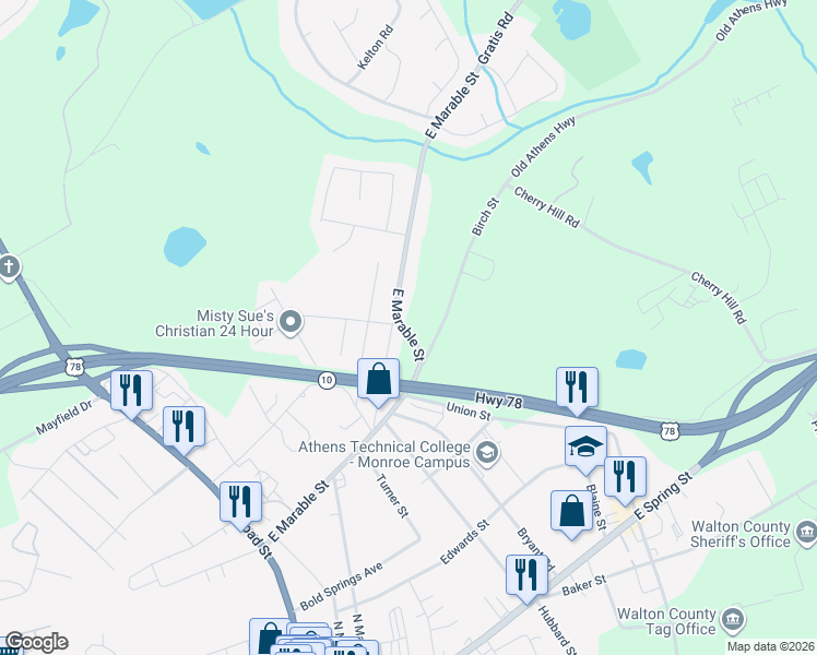 map of restaurants, bars, coffee shops, grocery stores, and more near 600 East Marable Street in Monroe