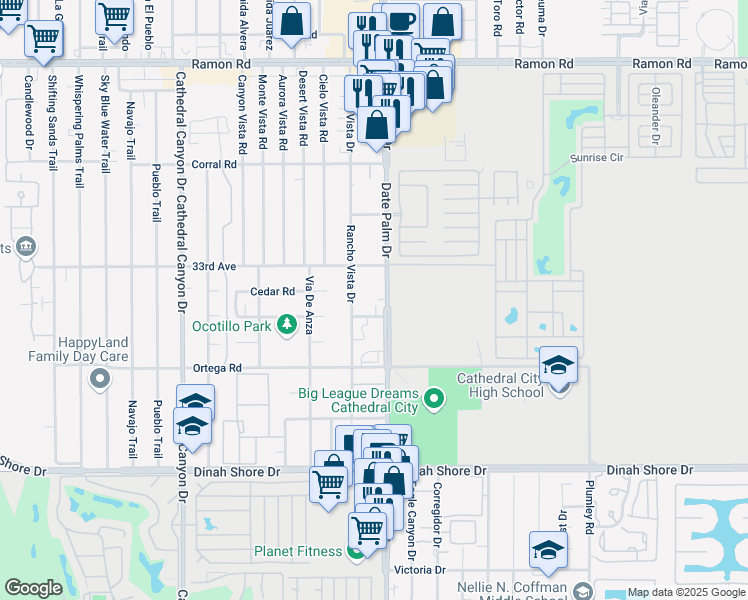 map of restaurants, bars, coffee shops, grocery stores, and more near 33175 Date Palm Drive in Cathedral City