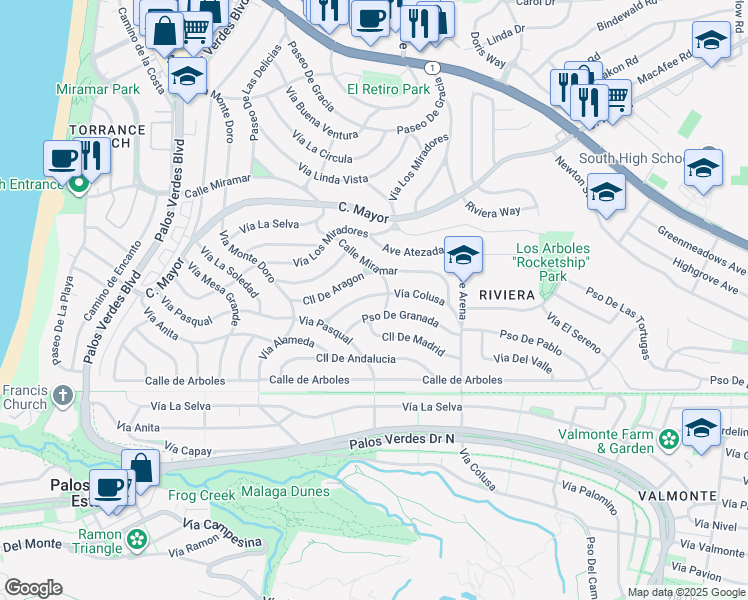 map of restaurants, bars, coffee shops, grocery stores, and more near 204 Vía Colusa in Redondo Beach