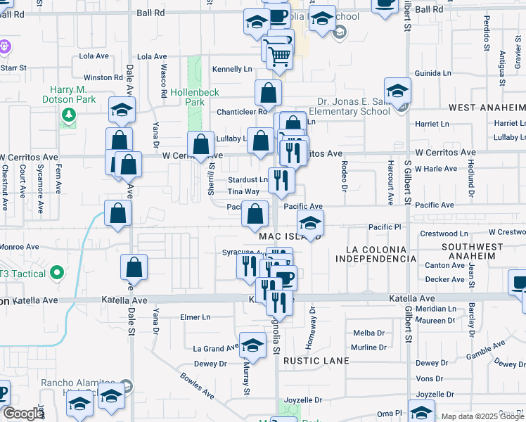 map of restaurants, bars, coffee shops, grocery stores, and more near 8950 Pacific Avenue in Anaheim