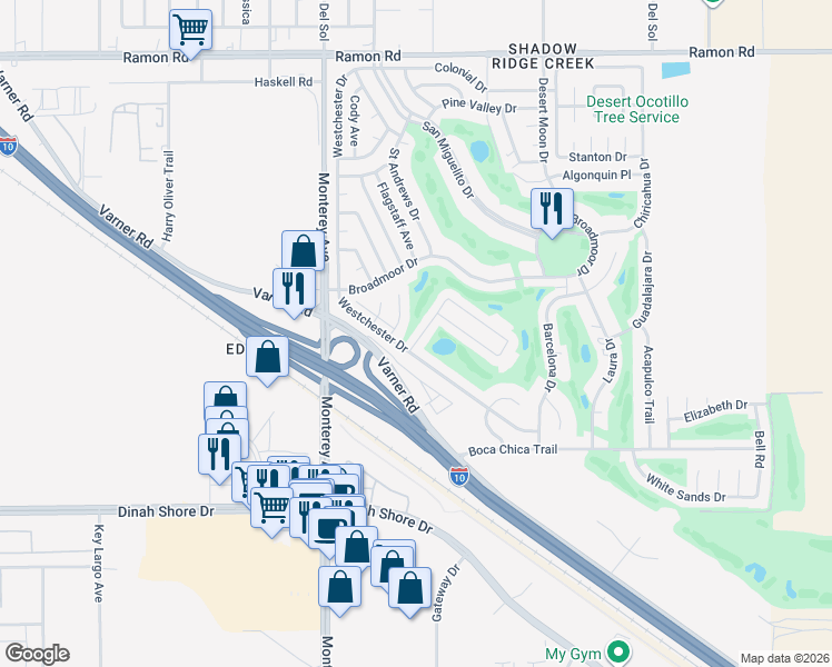 map of restaurants, bars, coffee shops, grocery stores, and more near 33380 Westchester Drive in Thousand Palms