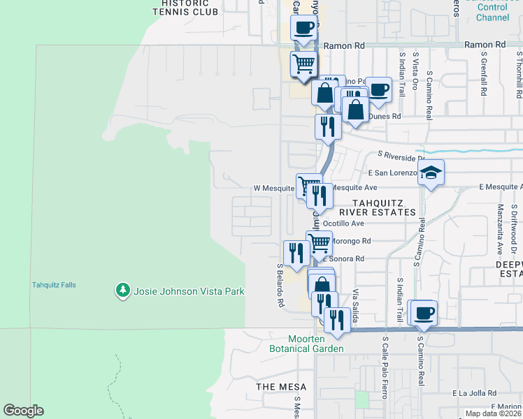 map of restaurants, bars, coffee shops, grocery stores, and more near 401 Onyx Drive in Palm Springs