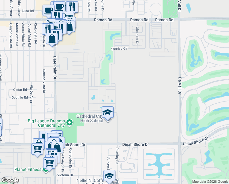 map of restaurants, bars, coffee shops, grocery stores, and more near Ficus Drive in Cathedral City
