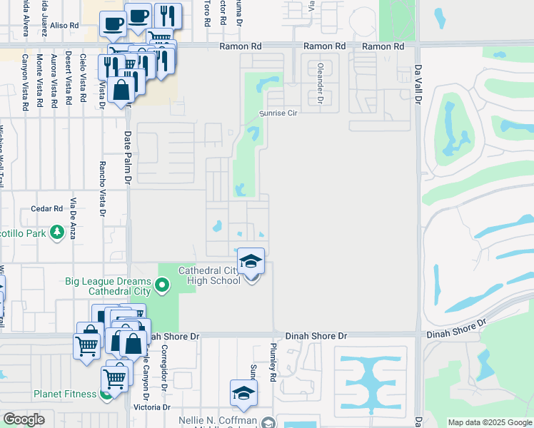map of restaurants, bars, coffee shops, grocery stores, and more near 69411 Ramon Road in Cathedral City