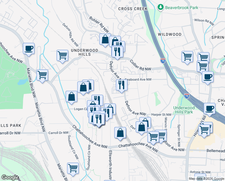 map of restaurants, bars, coffee shops, grocery stores, and more near 1710 Defoors Walk Northwest in Atlanta