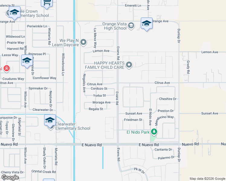 map of restaurants, bars, coffee shops, grocery stores, and more near 1180 Yorba Street in Perris