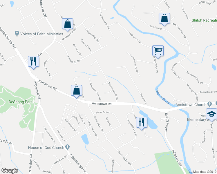 map of restaurants, bars, coffee shops, grocery stores, and more near 2923 Bicentennial Drive Southwest in Stone Mountain